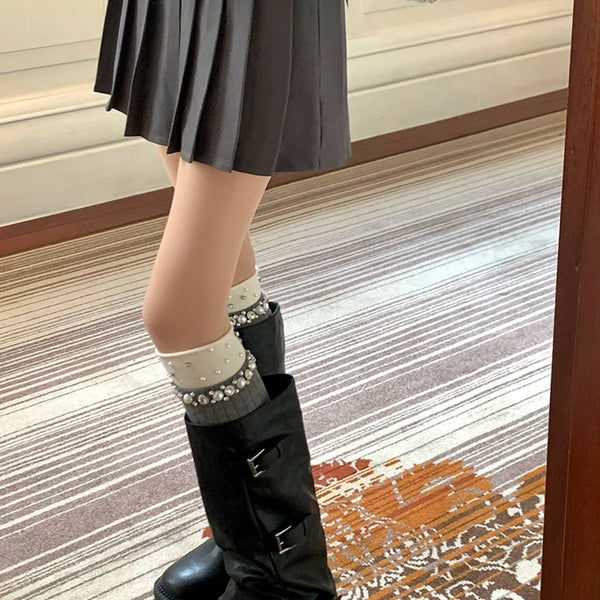 Fashion niche women's pearl rhinestone socks women's medium tube thickened stockpile socks autumn and winter calf socks