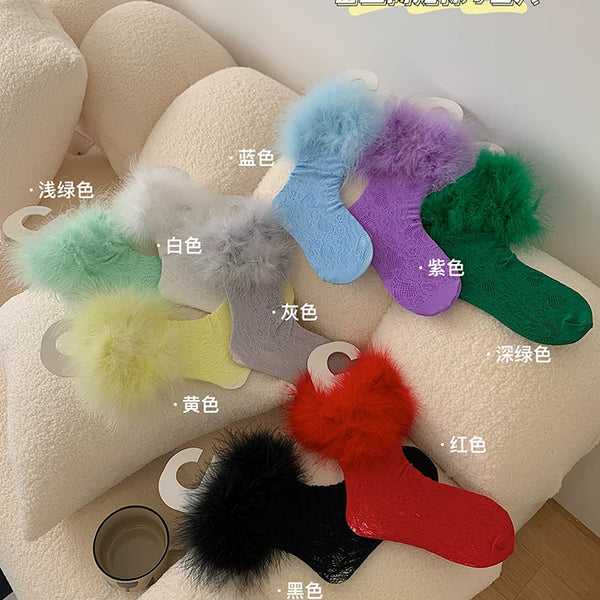 Fashion original niche design, autumn feather lace tube socks sexy Lolita college style stockings