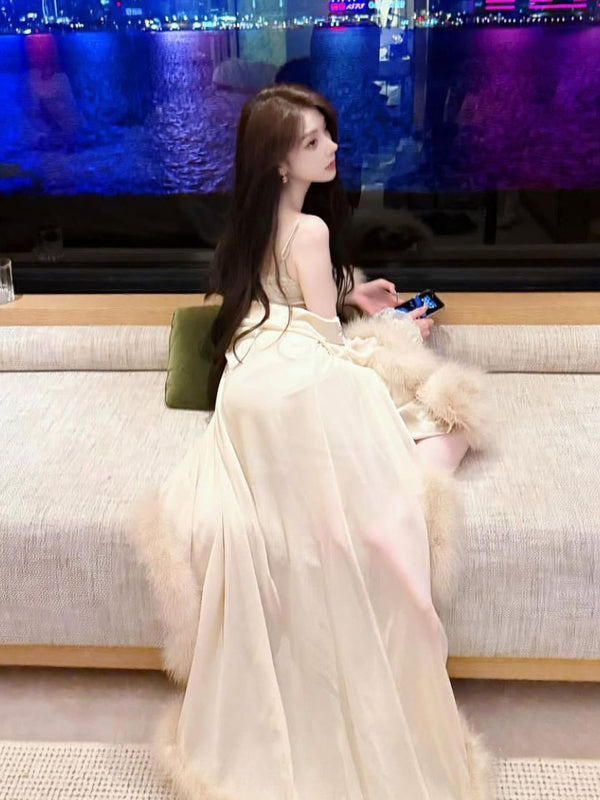 Pure Desire Wind Sexy Noble Temperament Home Sleeping Skirt Show Thin Hair Hairy Edge Strap Sleeping Skirt Lady Long Dress Royal Sister Sleeping Robe