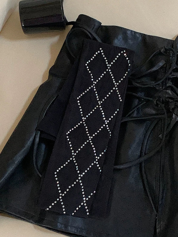 Fashion Original Niche Design Rhombus Black Ribbon Diamond Pantyhose Trendy Sexy Grid Flash Diamond Rhinestone Socks