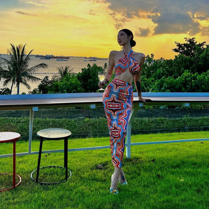 Niche design Sexy Spice Girl temperament neck holiday neck long dress printed backless dress summer suit women