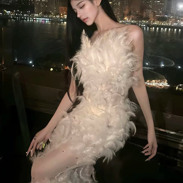 Sexy heavy-embellished feather bandeau maxi dress - sleeveless high-waisted white fairy evening gown/costume