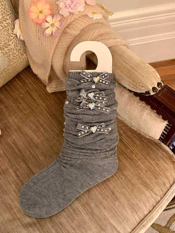 Fashion niche, luxury exaggerated rhinestone pearl bow thin vertical strip ballet calf socks knee socks