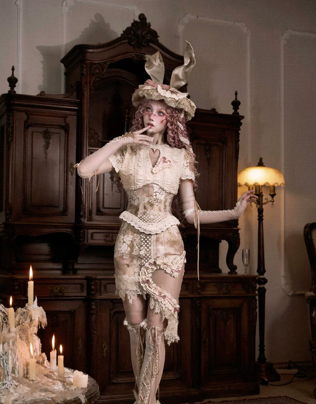 Crew Neck Hollow Elegant Love Vintage Short Lace Top Christmas Halloween Top