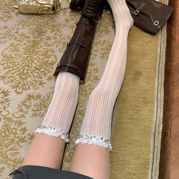 Fashion original designer brand knee flash diamond knee socks women's autumn and winter stockings milk white Japanese jk