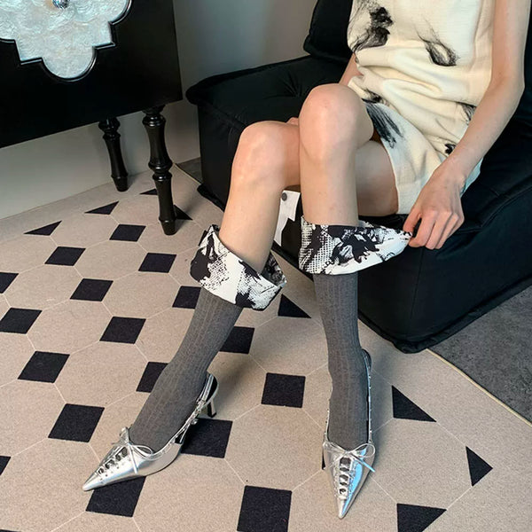 Want to fall into romance~ Summer French romance retro niche women's thin gray-bottomed satin lace calf socks