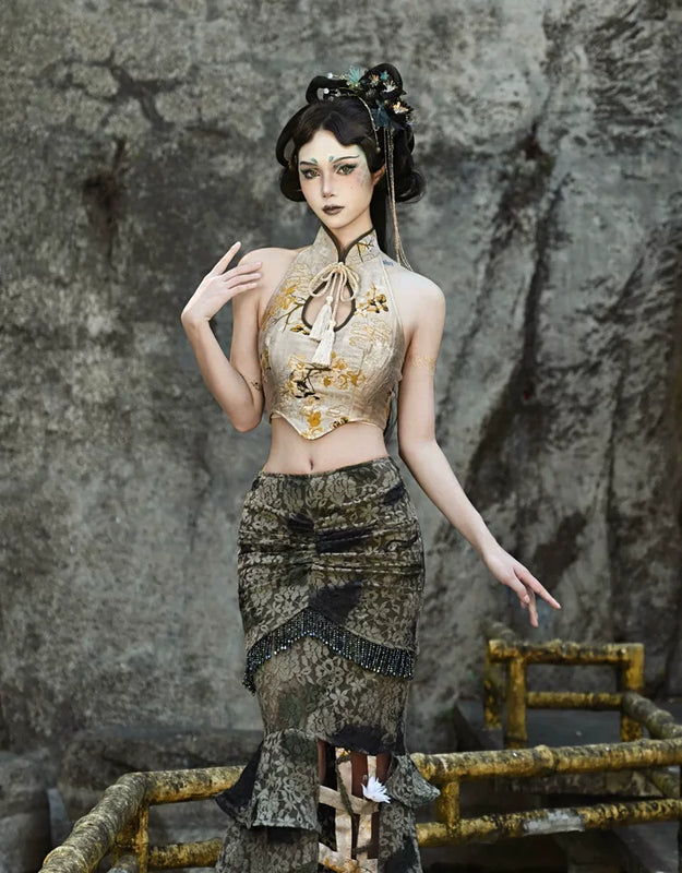 New chinoiserie button birdcage water drop collar cheongsam short tops christmas