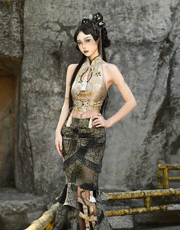 New chinoiserie button birdcage water drop collar cheongsam short tops christmas