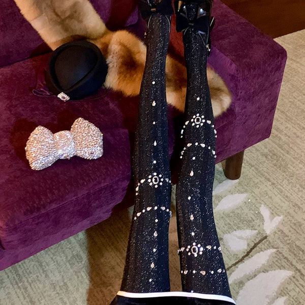 Fashion niche design heavy industry rhinestone Japanese jk white pantyhose black bright silk leggings