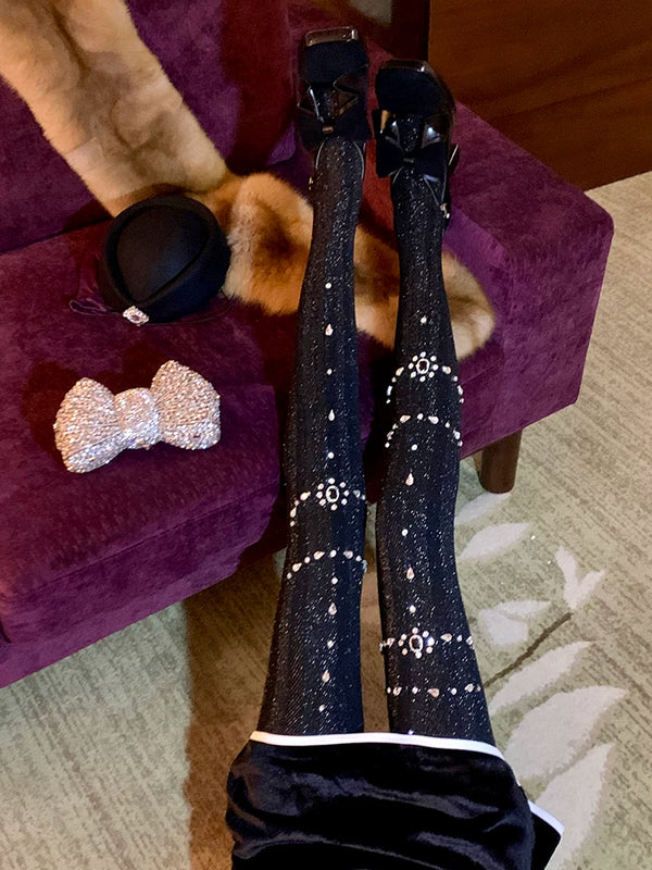 Fashion niche design heavy industry rhinestone Japanese jk white pantyhose black bright silk leggings