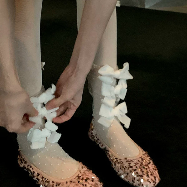 Fashion niche velvet bow mesh stacking socks pure desire white polka dot fairy transparent yarn medium tube socks