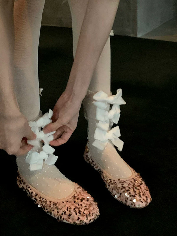 Fashion niche velvet bow mesh stacking socks pure desire white polka dot fairy transparent yarn medium tube socks