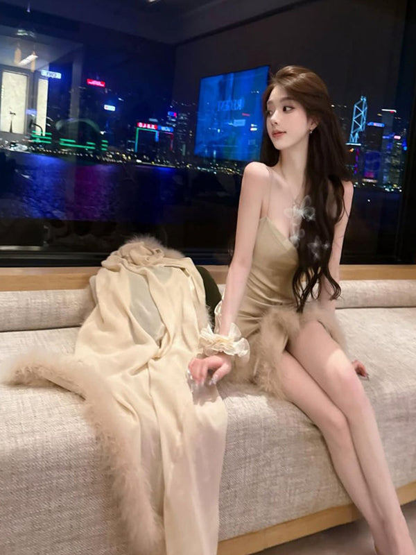 Pure Desire Wind Sexy Noble Temperament Home Sleeping Skirt Show Thin Hair Hairy Edge Strap Sleeping Skirt Lady Long Dress Royal Sister Sleeping Robe