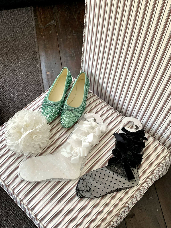 Fashion niche velvet bow mesh stacking socks pure desire white polka dot fairy transparent yarn medium tube socks