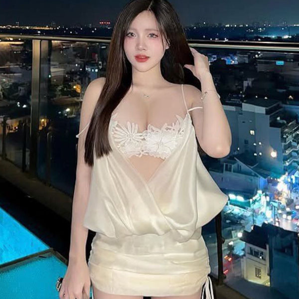 Sexy spicy girl French lace camisole off shoulder satin dress birthday party dress niche dress