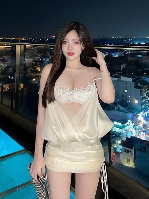 Sexy spicy girl French lace camisole off shoulder satin dress birthday party dress niche dress