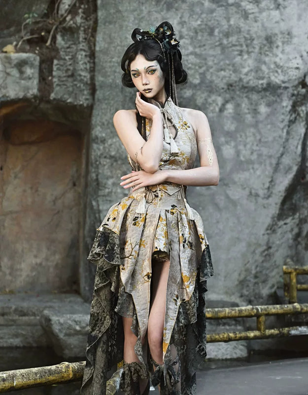 New Chinese style disc buckle jacquard lace trailing skirt Christmas