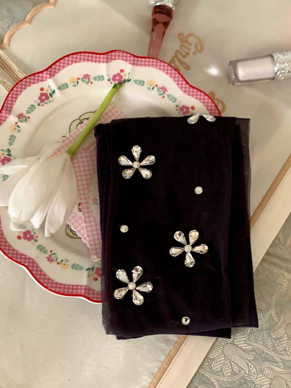 Fashion niche nightclub dancing black silk through meat arbitrary cut female flower diamond jumpsuit JK sexy babes