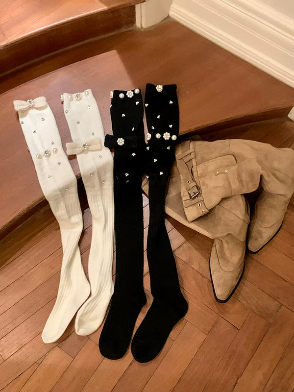 Fashion niche, knitted pearl big bow luxury exaggerated rhinestone thin vertical strip ballet knee socks