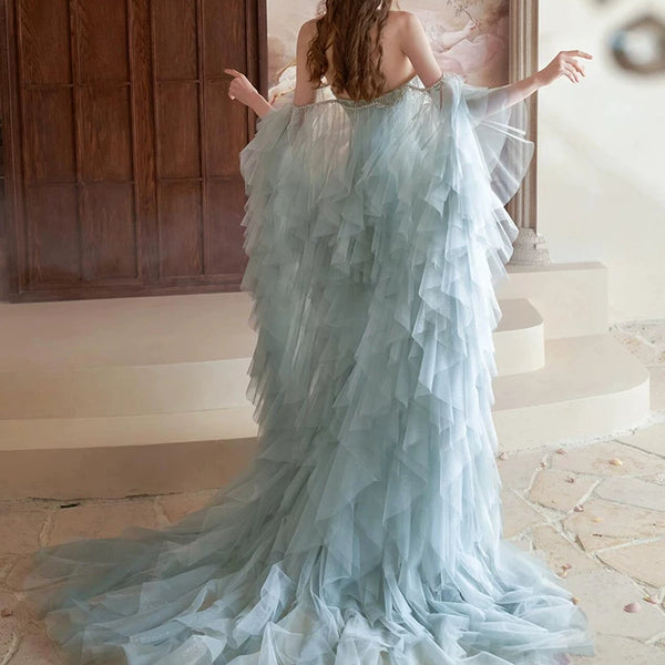 Blue feather tube top evening dress women's high sense birthday party princess dress annual meeting engagement bride toast dress