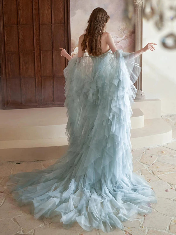 Blue feather tube top evening dress women's high sense birthday party princess dress annual meeting engagement bride toast dress