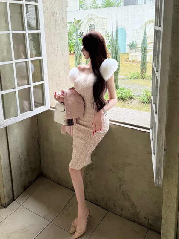 Qianjin Feng furry heavy industry conglomerate pearl dress little princess furry shoulder fashionable small dress enchanting