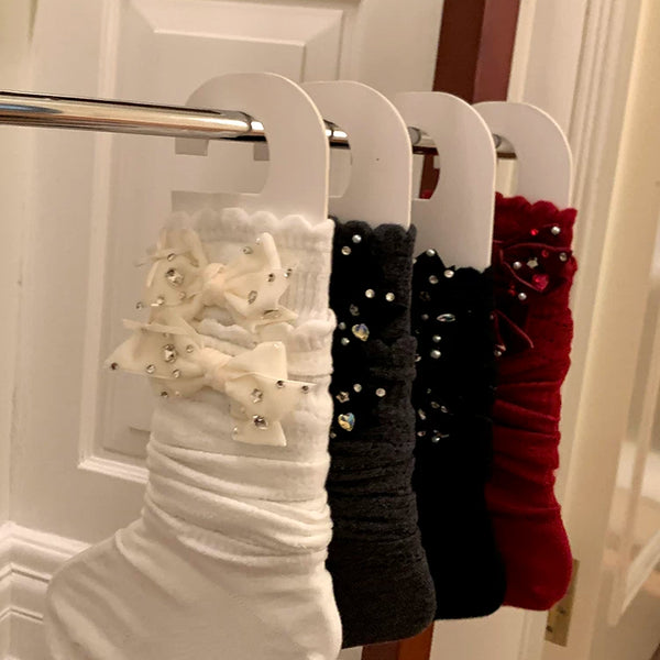 Fashion niche, design spring and summer thin bow jk socks milk white mesh rhinestone miu wind calf socks