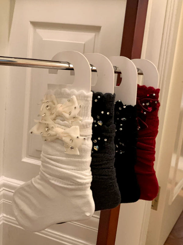 Fashion niche, design spring and summer thin bow jk socks milk white mesh rhinestone miu wind calf socks