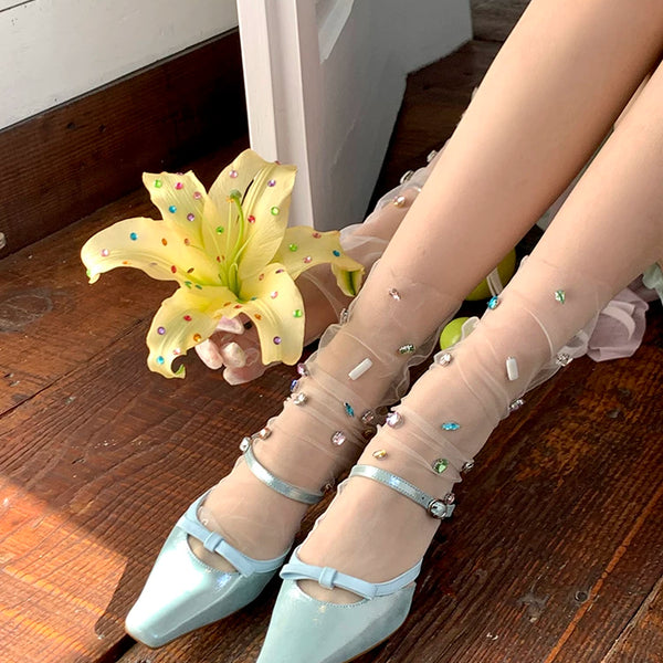 Fashion niche colored rhinestone handmade mesh socks + mesh strap inlaid with gemstones bridal gloves