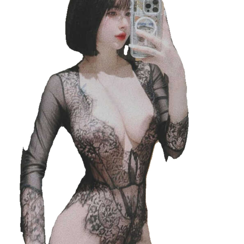 Mesh see-through dopamine seduction black slim inner long sleeve hollow eyelash lace shapewear jumpsuit