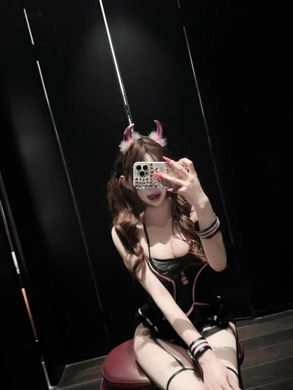 Role playing sexy hot girl, low cut, backless, ruffled edge tank top, seductive hot jumpsuit