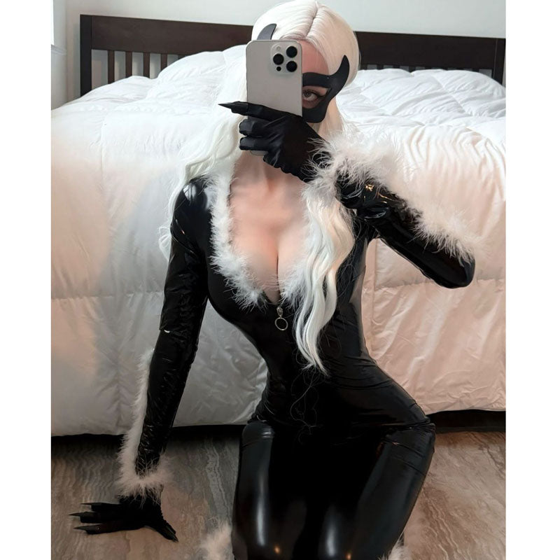 Spice Girls Black PU Leather Bright Leather Bodysuit Halloween COS Hairy Sexy Long Sleeve Leather Jacket Fried Street Niche
