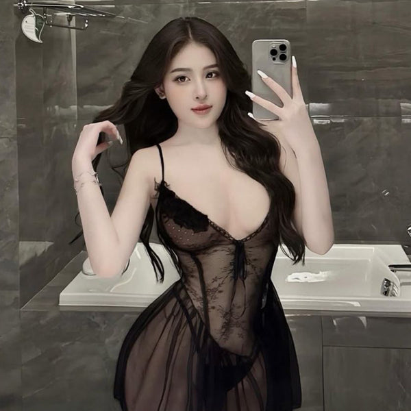 Sexy lace see through mesh pajamas for women in summer, low cut, pure desire style, high-end feeling, suspender nightgown, home suit set