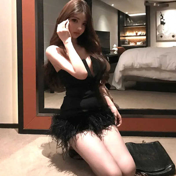 Sexy Spice Girl Black Feather Suspender Dress Summer New Party Pure Desire Wind Slim Skinny Buttocks Short Skirt