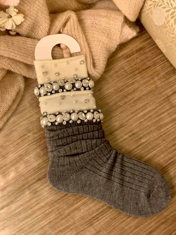 Fashion niche women's pearl rhinestone socks women's medium tube thickened stockpile socks autumn and winter calf socks