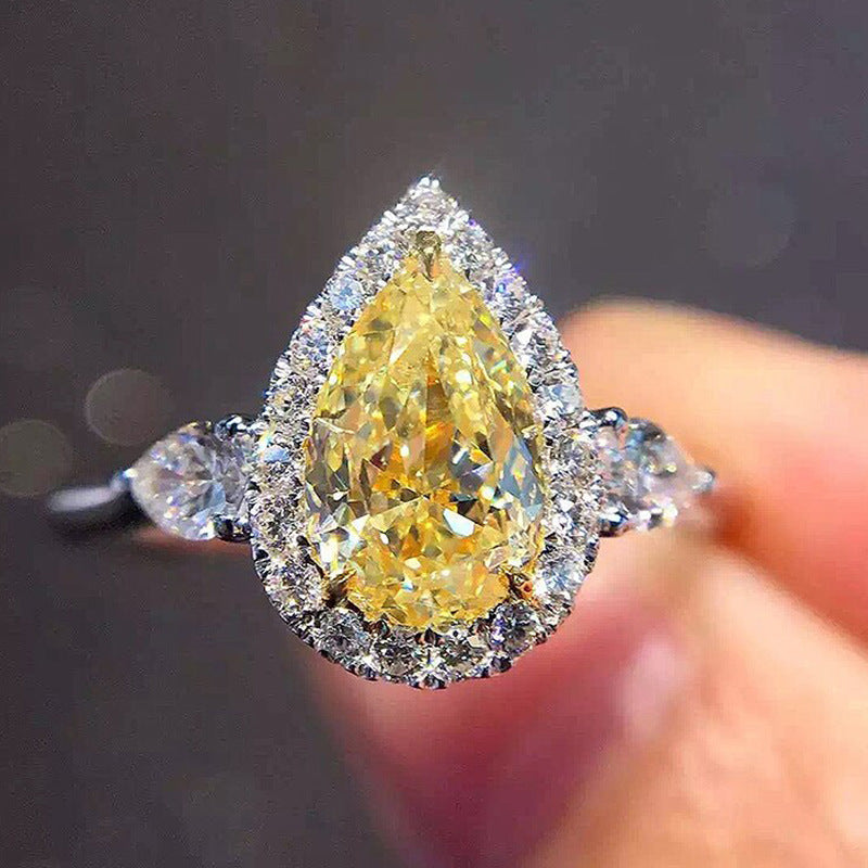 European and American new minimalist yellow pear shaped diamond zircon ring trend