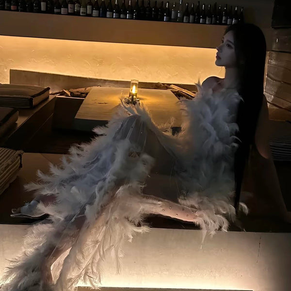 Sexy heavy-embellished feather bandeau maxi dress - sleeveless high-waisted white fairy evening gown/costume