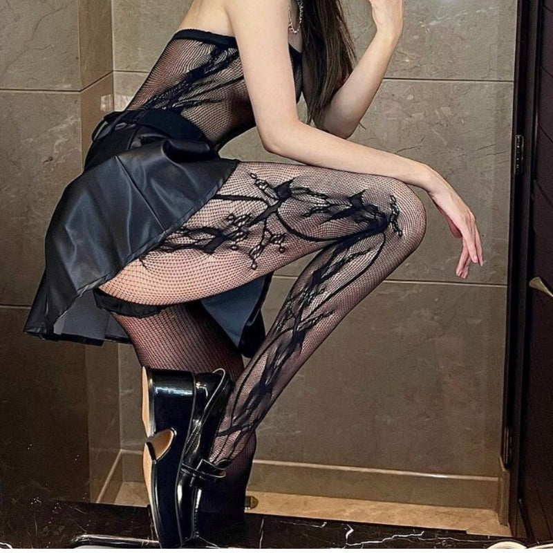 Spice Girls Sexy Hollow Mesh Stockings Pantyhose Black Silk Women's Socks Perspective Side Print Pantyhose Versatile Fashion