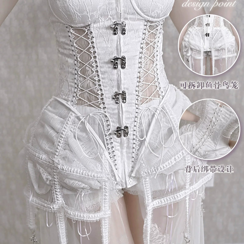 White Gothic Dark Fishbone Strap Birdcage Corset Christmas Vest