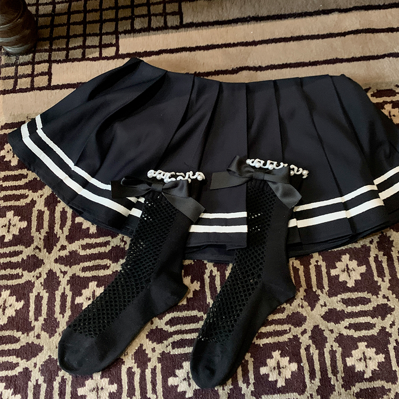 Fashion niche pearl bow edge mesh socks Dongdaemun solid color calf mesh versatile medium tube socks jk