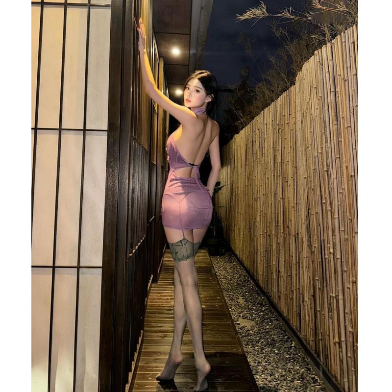 Pure desire style dating purple perspective hip-wrapped cheongsam short skirt antique retro new Chinese open back neck nightdress women