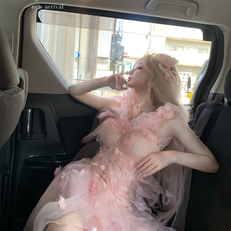 Pink off-the-shoulder bandeau dress - romantic french fairy princess dress