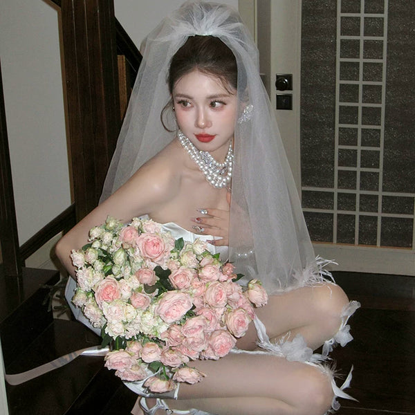 Fashion custom exaggerated sweet white feather pearl handmade socks pantyhose ultra-thin stockings