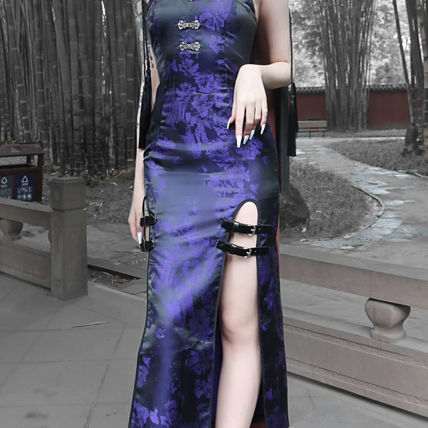 Original chinese style new chinese style slit tassel leather buckle hip skirt dress