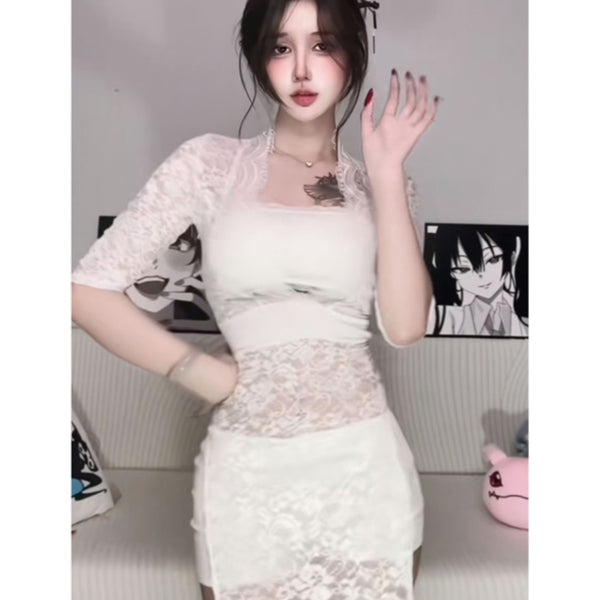 Spicy girl sexy low cut V-neck lace patchwork slit mid length long skirt with half sleeves, translucent temperament base, tea break dress