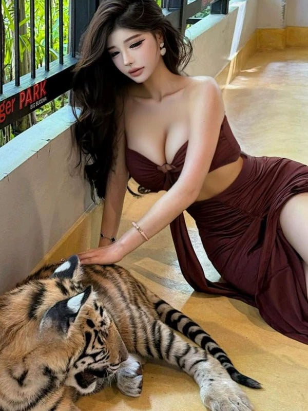 Pure desire style sexy hot girl tube top backless dress female French celebrity high sense temperament hip fish tail dress