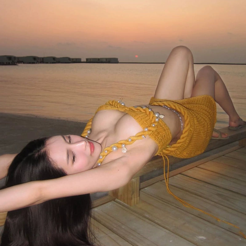 Beach Pure Desire Heavy Industry Pearl Split Bikini Suit Conservative Skirt Knitted Neck Vacation Gathering Swimsuit
