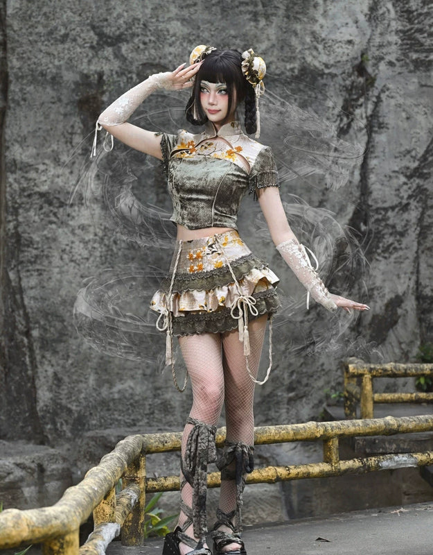 New chinoiserie jacquard snake print slimming tassel short sleeve cheongsam tops christmas halloween