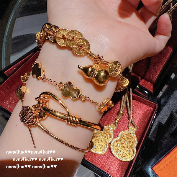 Ancient gold chiseled carved silk thread ancient money pattern safety buckle pendant chain New Chinese style gourd portable Buddha necklace