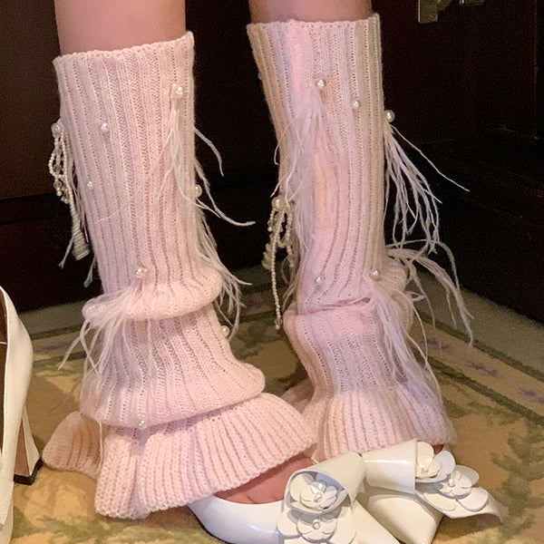 Fashion Sweet Girl Pearl Feather Pile Socks Cover Medium Tube Lolita Socks Knitted Socks Cover